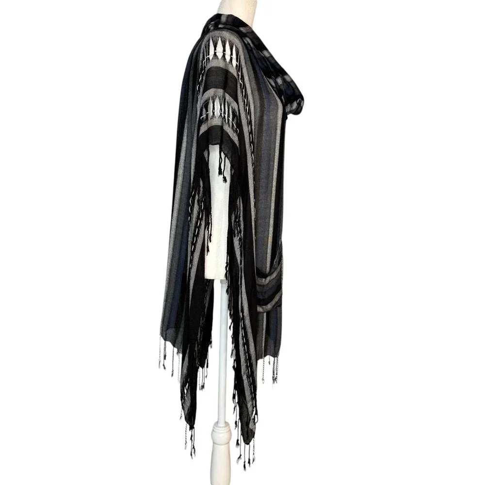 Free People One Size Cowl Neck Western Fringe‎ Boho Poncho Distressed Tattered